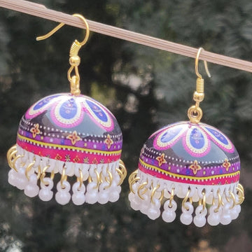 Handpainted Meenakari Rangoli Design Navratri Jhumka Earrings (MERDRP180)