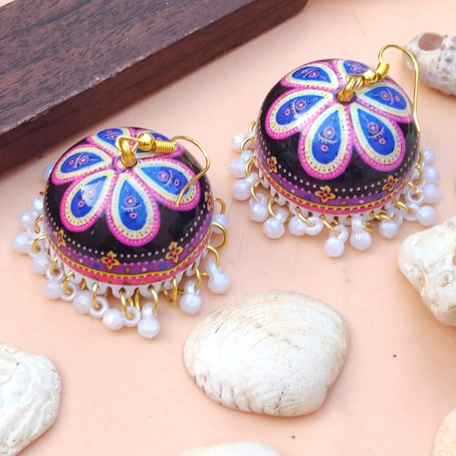 Handpainted Meenakari Rangoli Design Navratri Jhumka Earrings (MERDRP180)