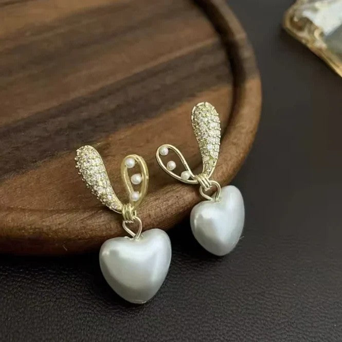 Heart-Shaped Crystal & Pearl Studded Korean Earrings