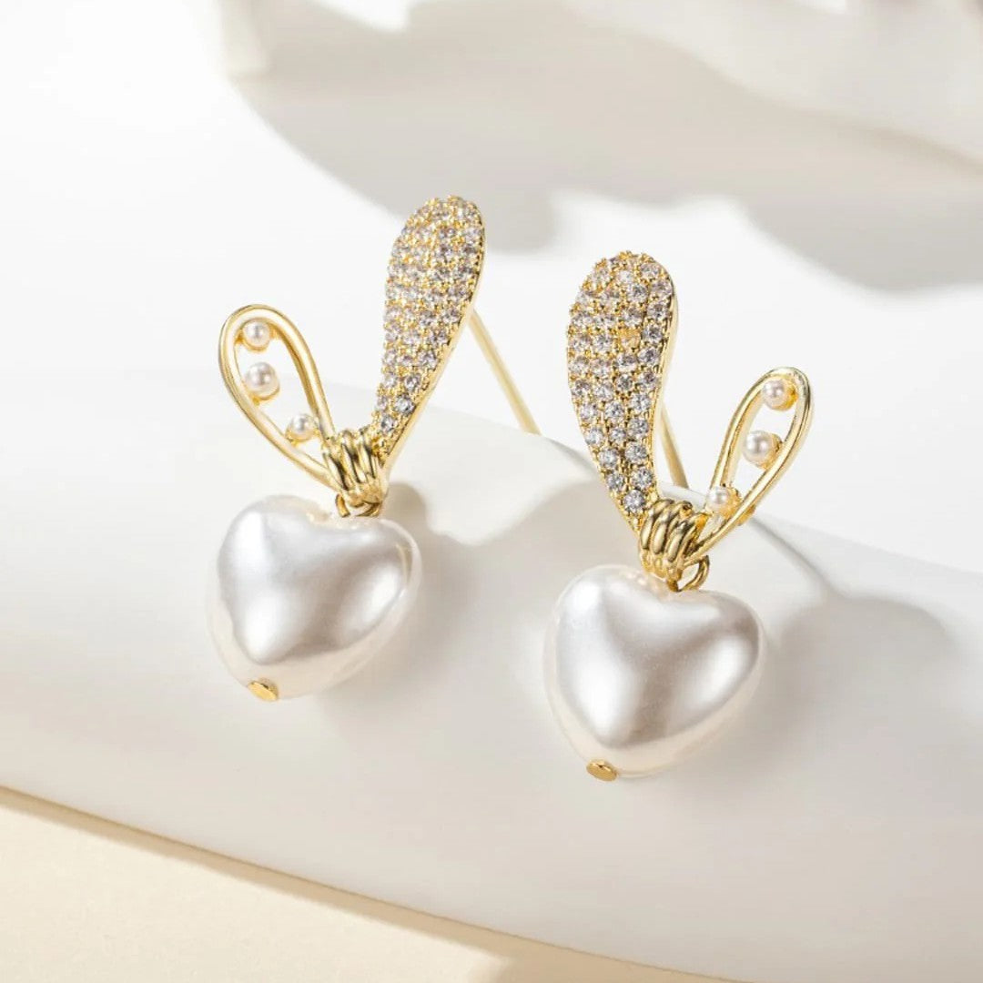 Heart-Shaped Crystal & Pearl Studded Korean Earrings