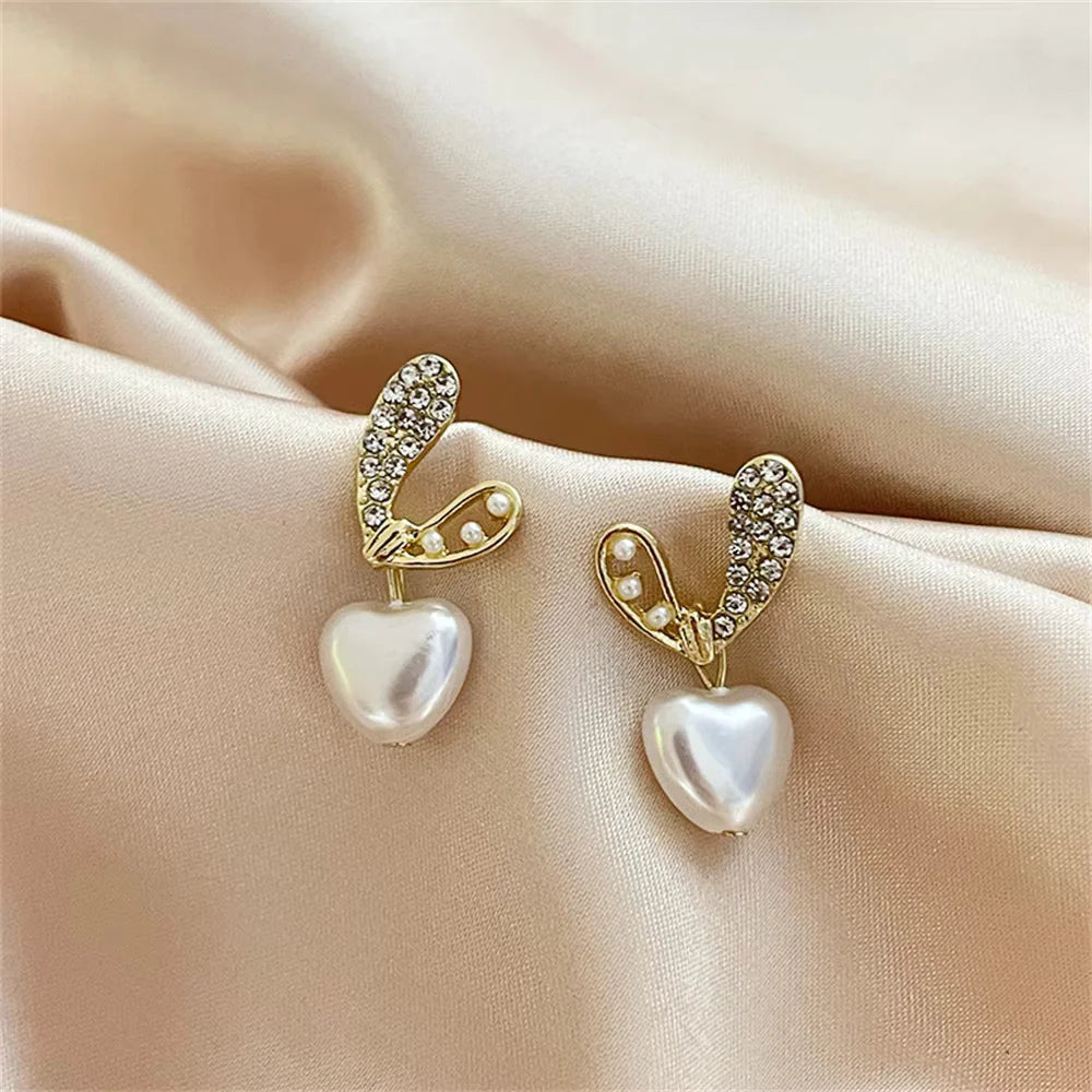 Heart-Shaped Crystal & Pearl Studded Korean Earrings