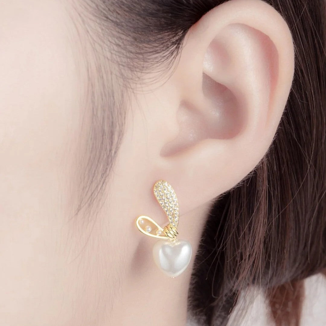 Heart-Shaped Crystal & Pearl Studded Korean Earrings