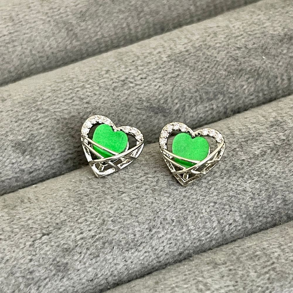 Heart-Shaped Green Crystal Korean Stud Earrings