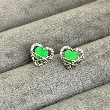 Heart-Shaped Green Crystal Korean Stud Earrings