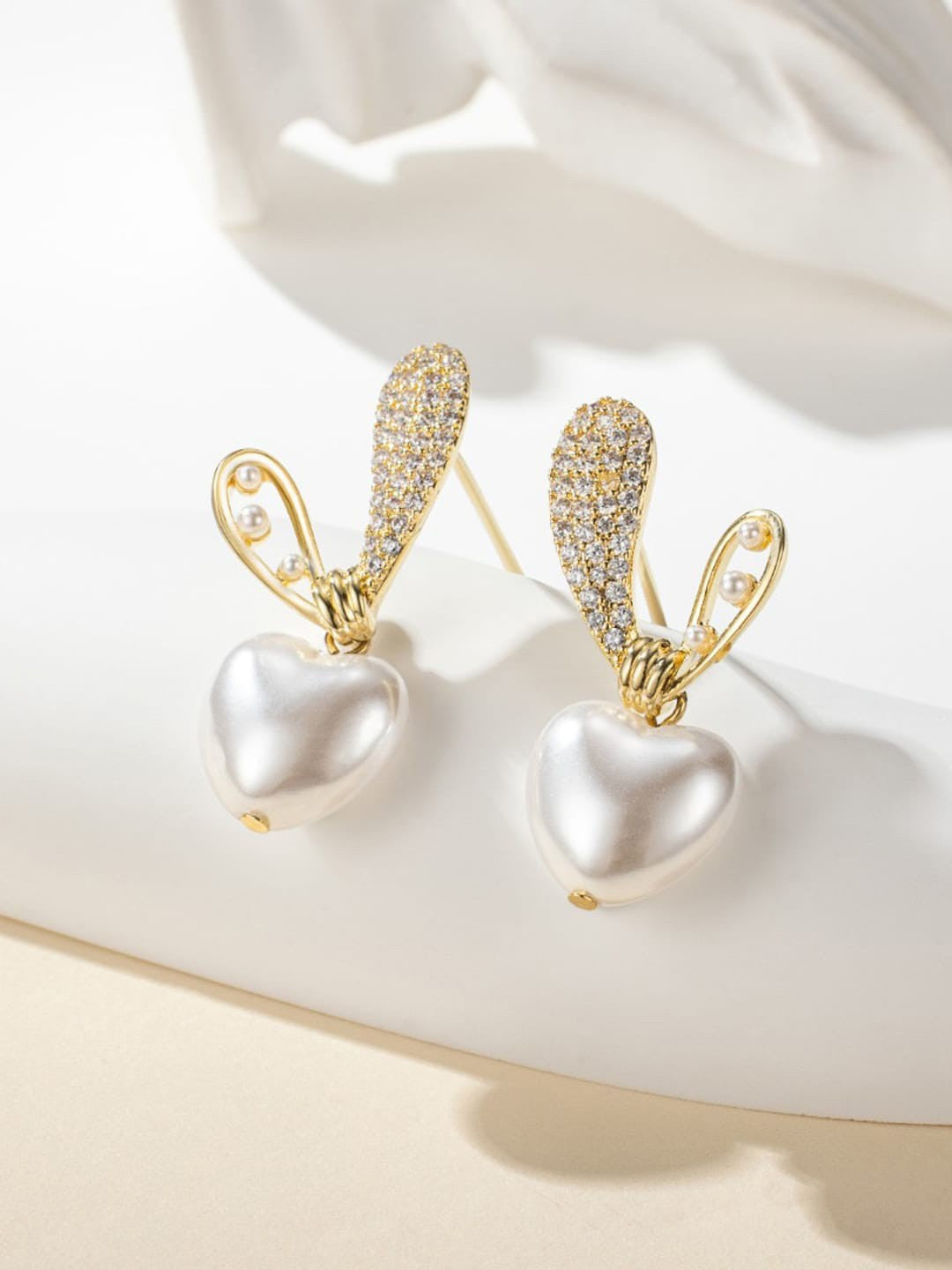 Heart-Shaped Pearl Drop Earrings, Crystal Studded Love Earrings For Women, Korean Jewellery