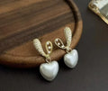 Heart-Shaped Pearl Drop Earrings, Crystal Studded Love Earrings For Women, Korean Jewellery