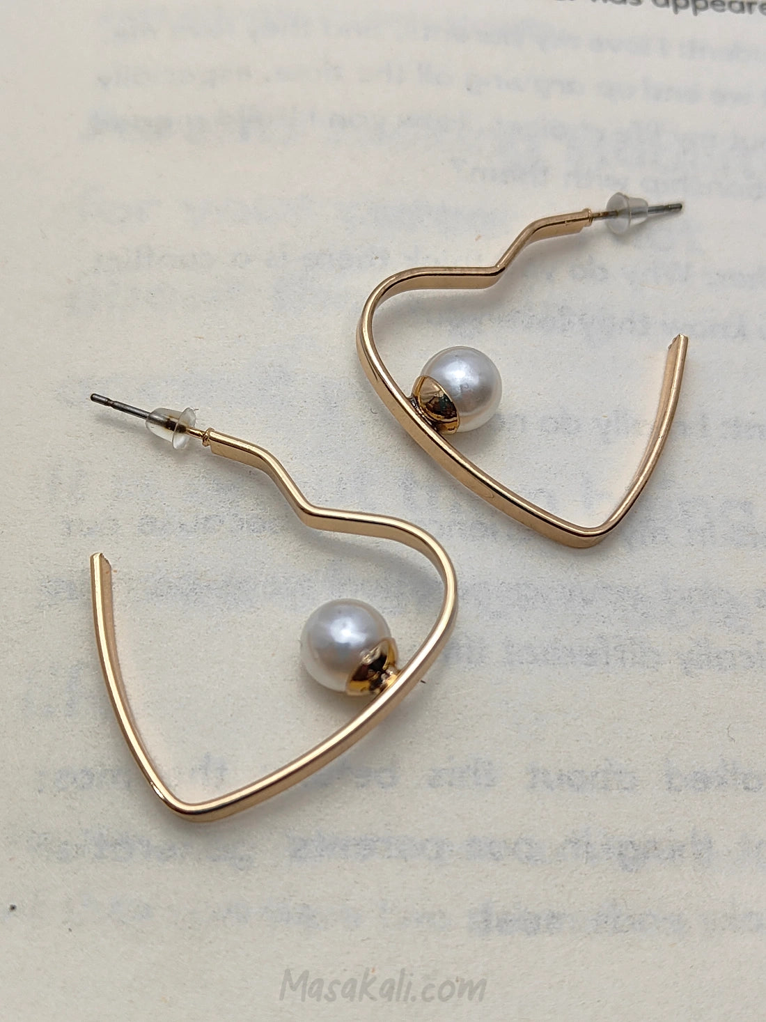 Heart-shaped Hoop Earrings With Pearl, Minimalist Daily Wear Jewellery