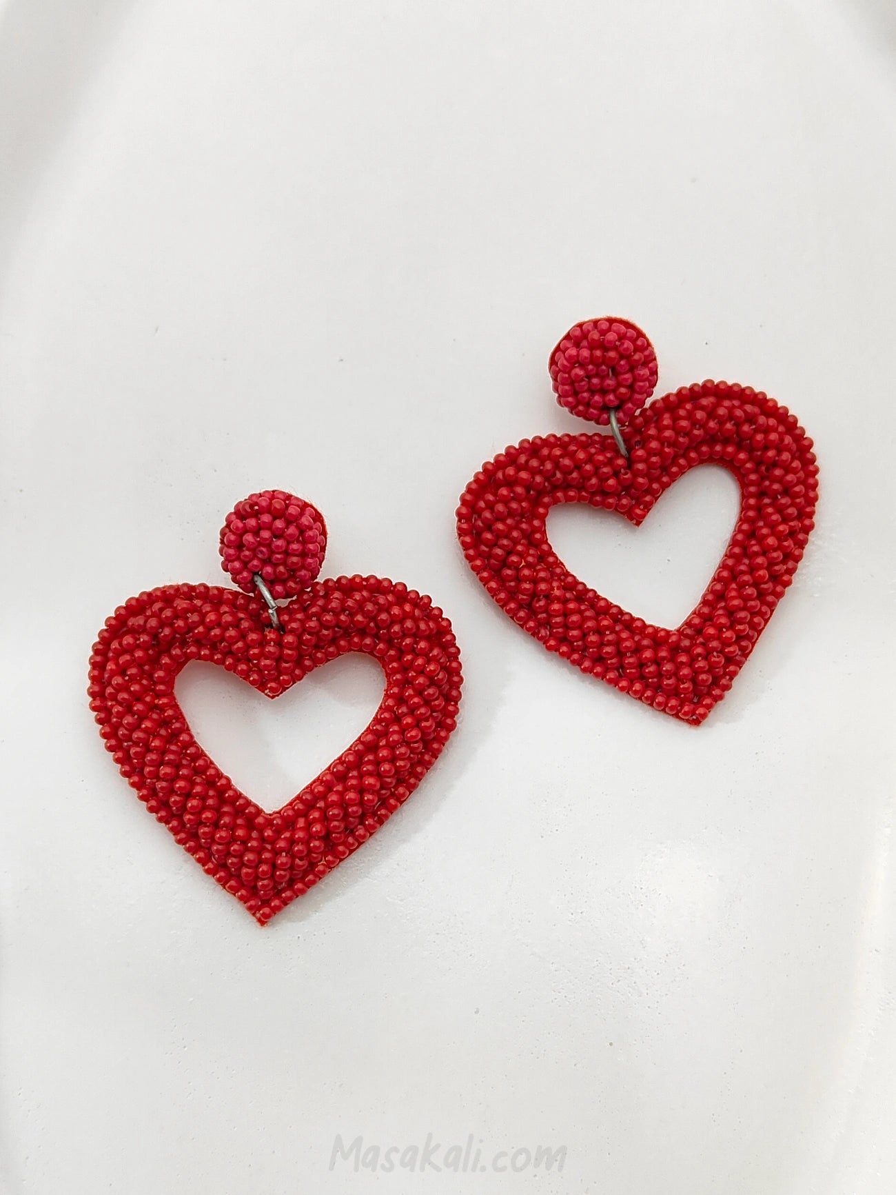 Heart Beaded Earrings, Red Heart Earrings, Heart Shaped Dangle Earrings, Handmade Drop Earrings (MKMK1012)