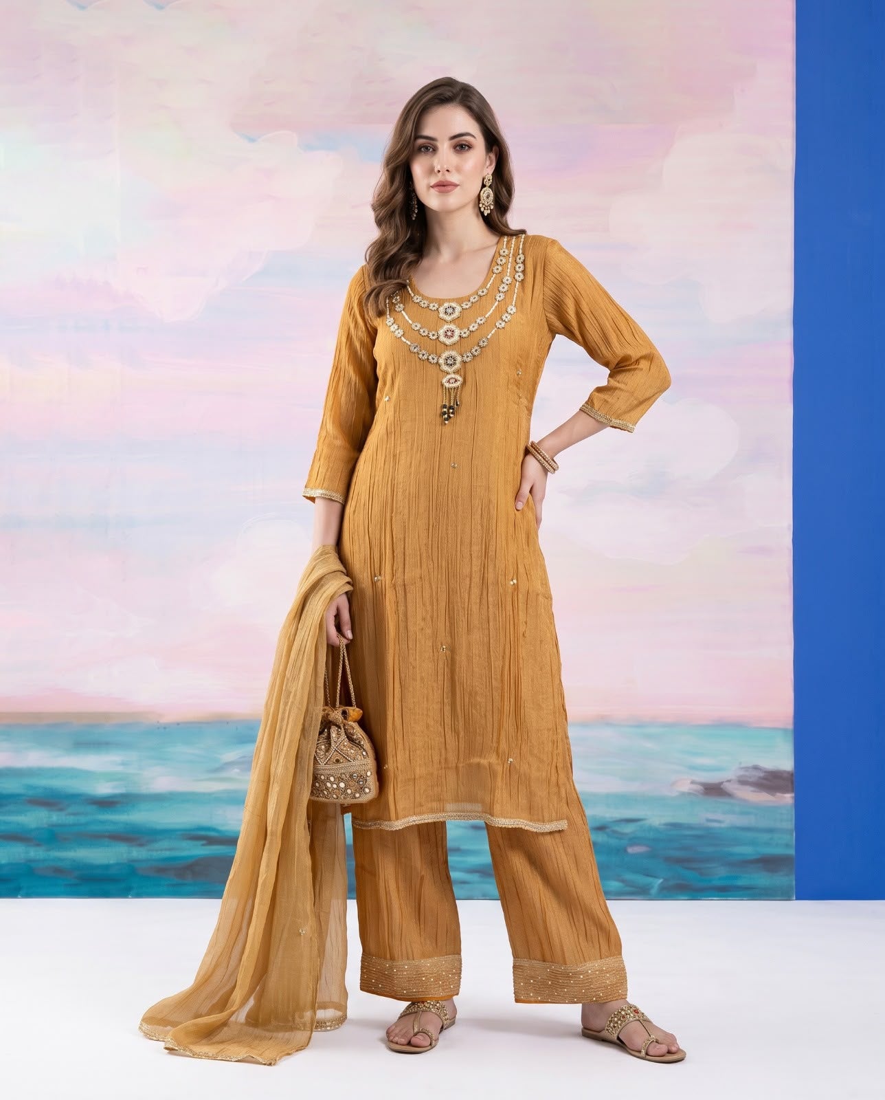 Heavy Salsa Fabric 3-Piece Handwork Kurti Palazzo Set