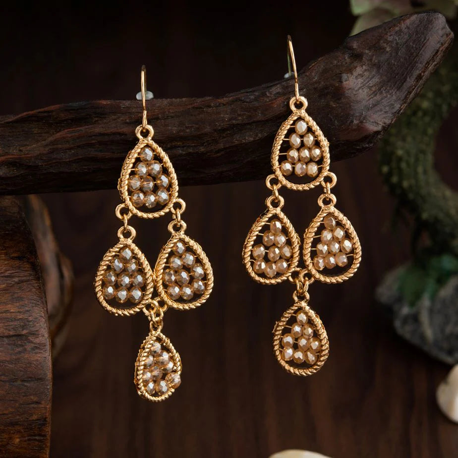 Indo-Western Earrings, Gold Plated Tear Drop Shaped Inter-Linked Earrings For Women, Peach (MTAR1058)