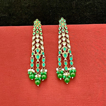 Indo-Western Kundan Beaded Long Dangler Earrings, Green