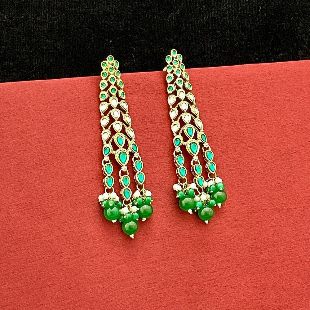 Indo-Western Kundan Beaded Long Dangler Earrings, Green