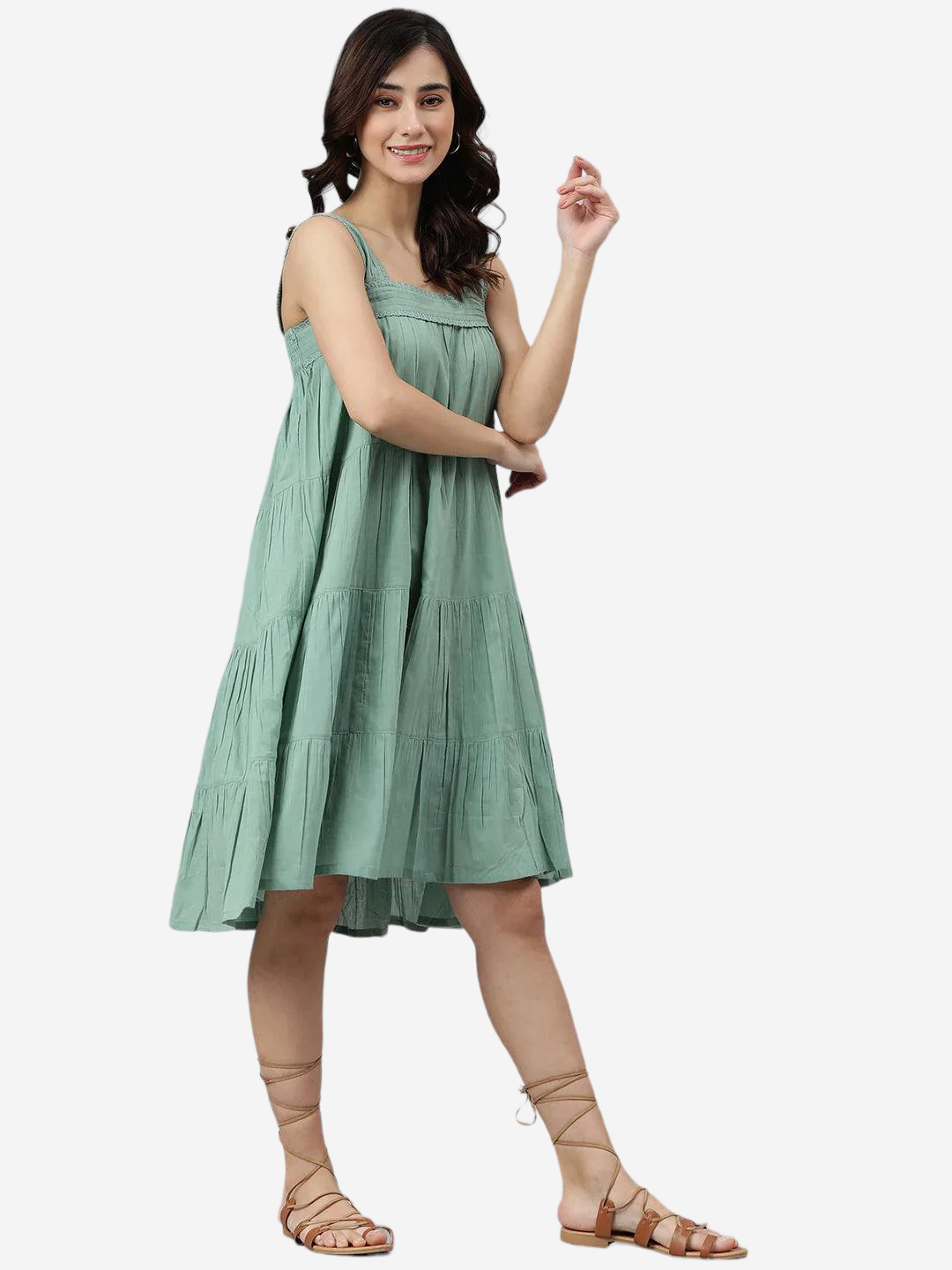 Mint Green Cotton Solid Flared Dress (MJAN1002)