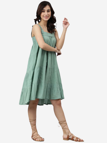 Mint Green Cotton Solid Flared Dress (MJAN1002)