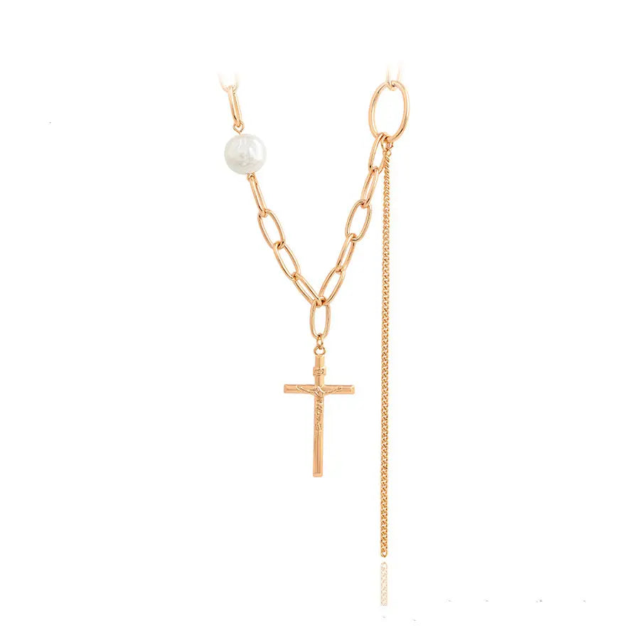 Jesus Crucifix Necklace, Cross Pendant Necklace, Shell Pearl Chain Necklace