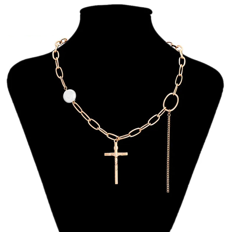 Jesus Crucifix Necklace, Cross Pendant Necklace, Shell Pearl Chain Necklace