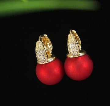 Korean Crystal Hoop Earrings, CZ Embellished Red Faux Pearl Dangle Earrings (MTAR1055)