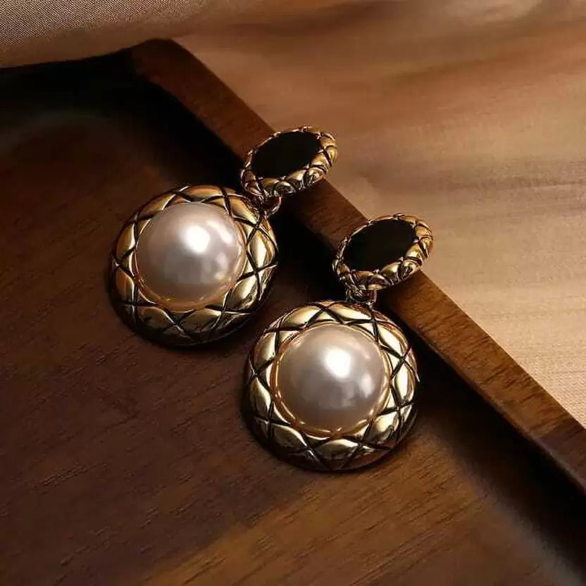 Korean Design Dangle Earrings, Faux Pearl Statement Drop Earrings, Golden (MMIN1004)