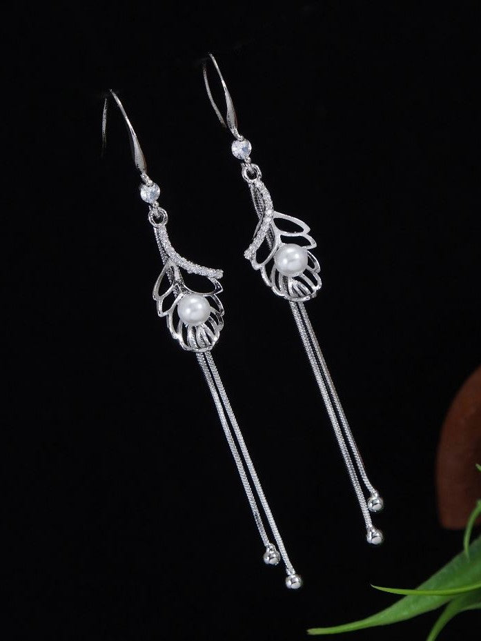 Hollow Leaf Pearl Dangle Earrings, Silver Toned Earrings For Women