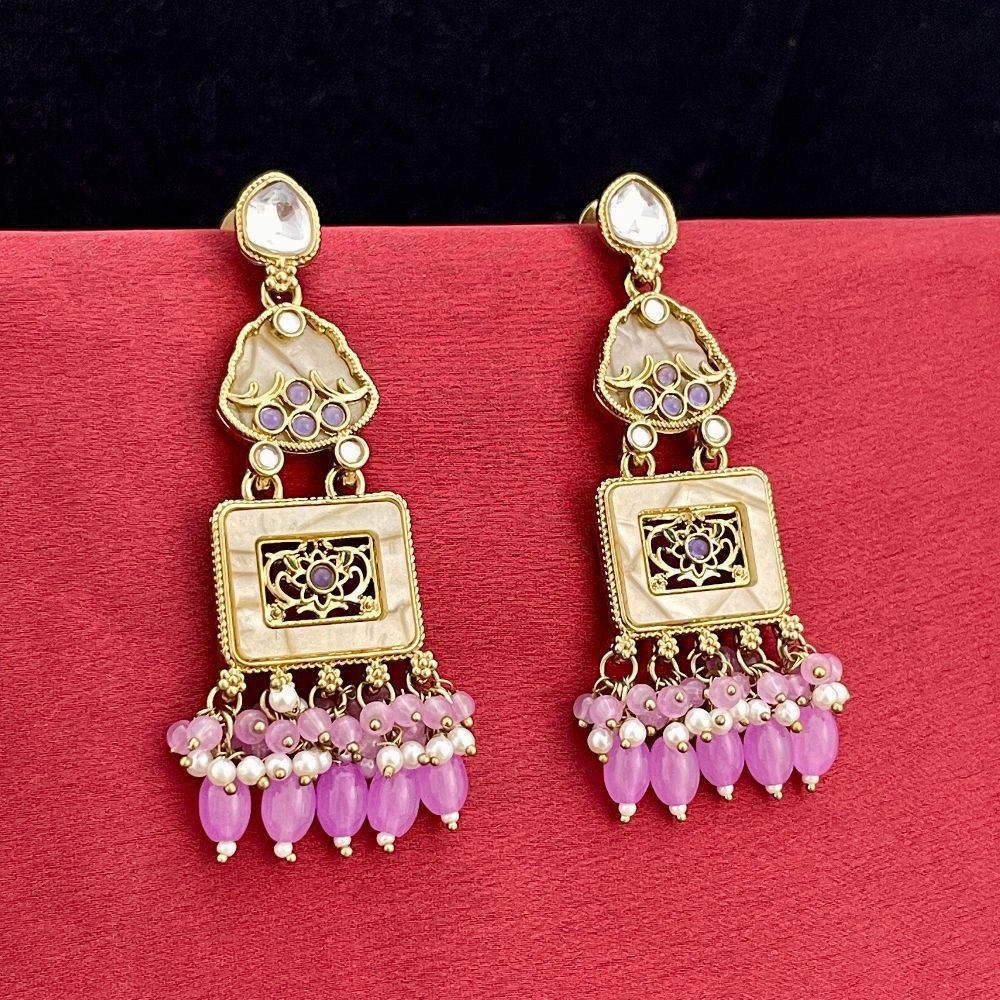 Light Purple Beaded Kundan Embellished Dangler Earrings