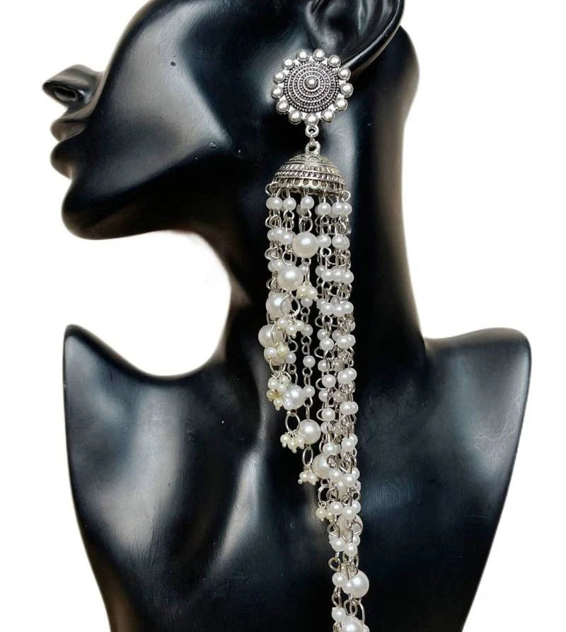 Long Pearl-Studded Chandelier Style Jhumka Earrings