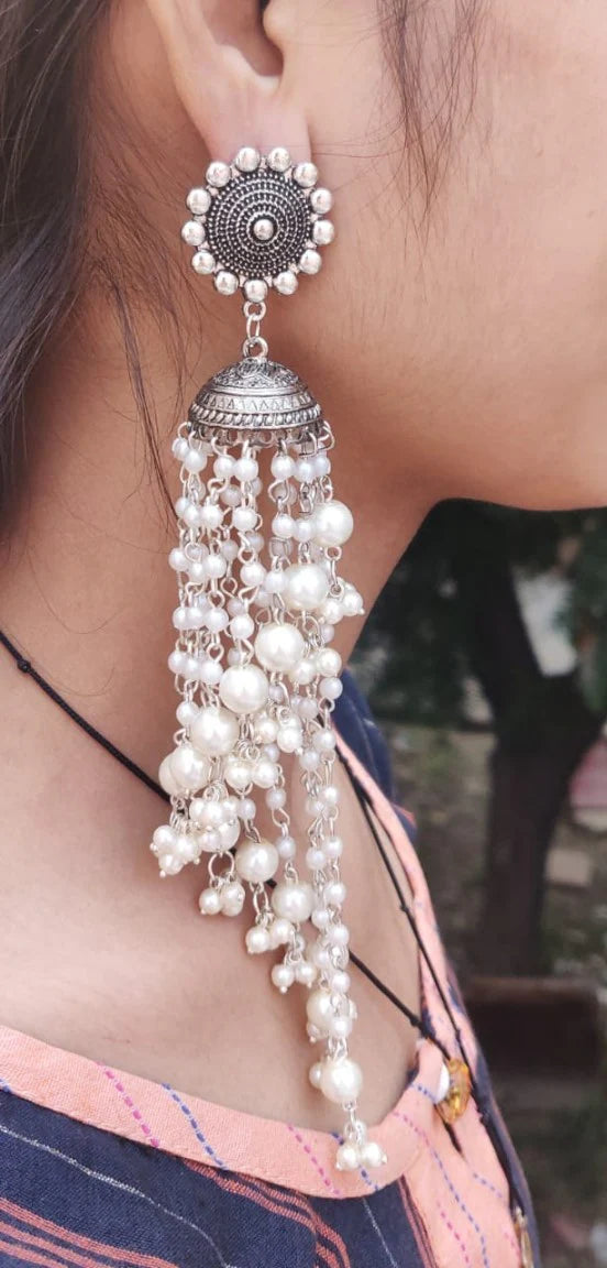 Long Pearl-Studded Chandelier Style Jhumka Earrings