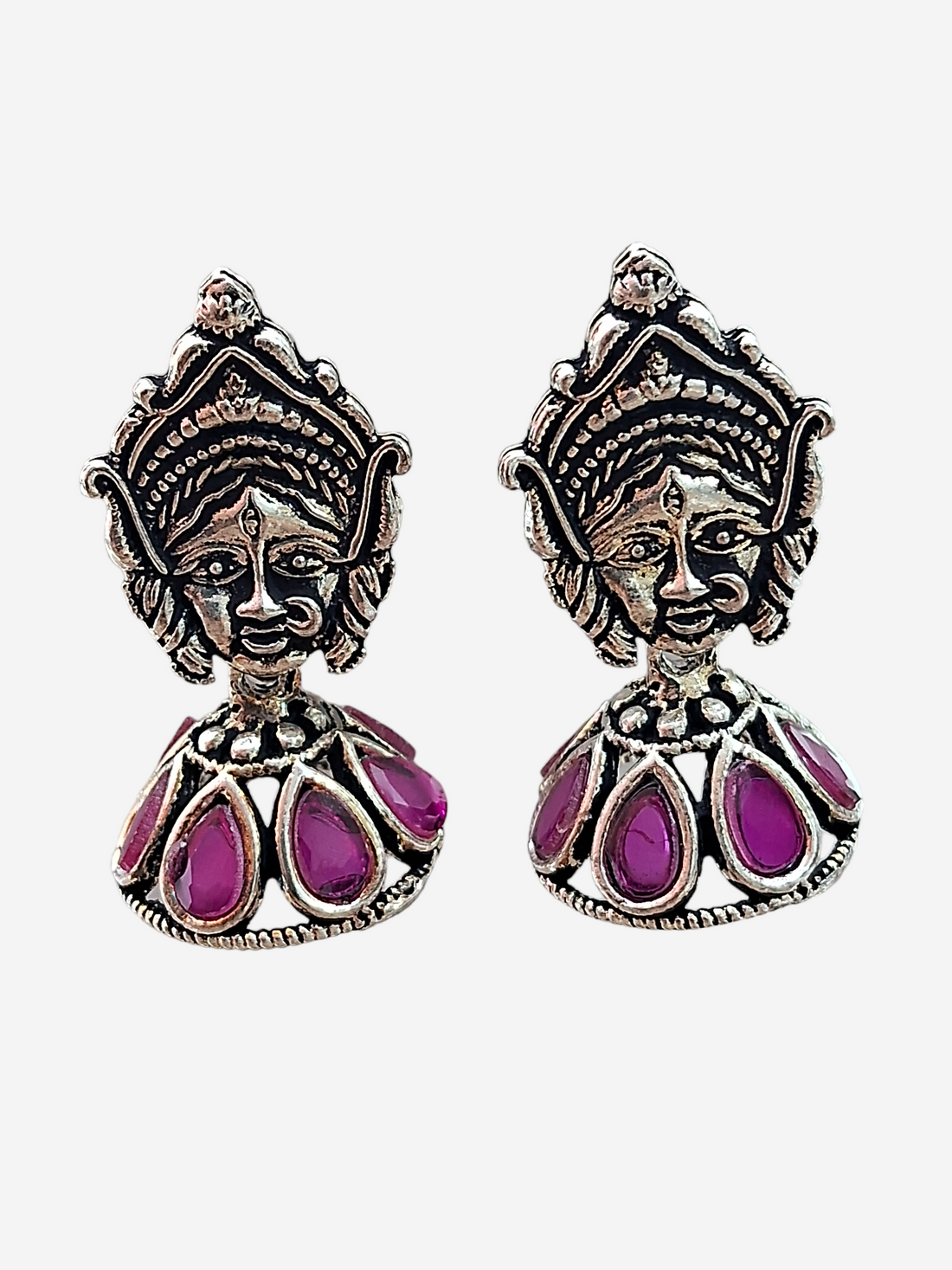 Maa Durga Face Jhumki, Silver Plated Earrings, Ruby