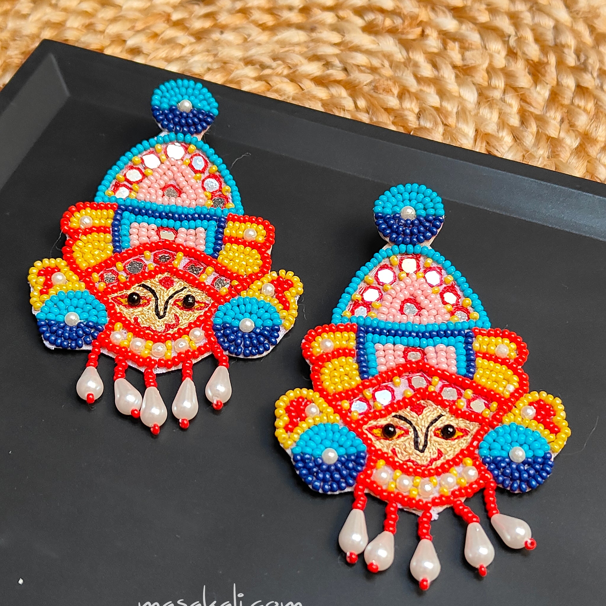 Maa Durga Handmade Earrings, Beaded Dangler Goddess Durga Earrings