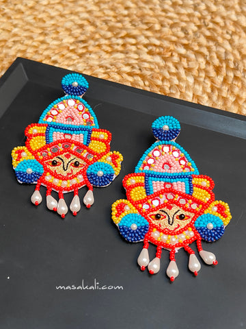 Maa Durga Handmade Earrings, Beaded Dangler Goddess Durga Earrings