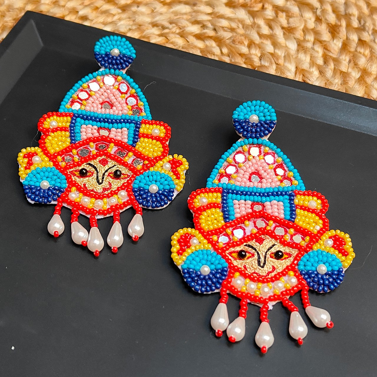 Maa Durga Handmade Earrings, Beaded Dangler Goddess Durga Earrings (MSAF1010)