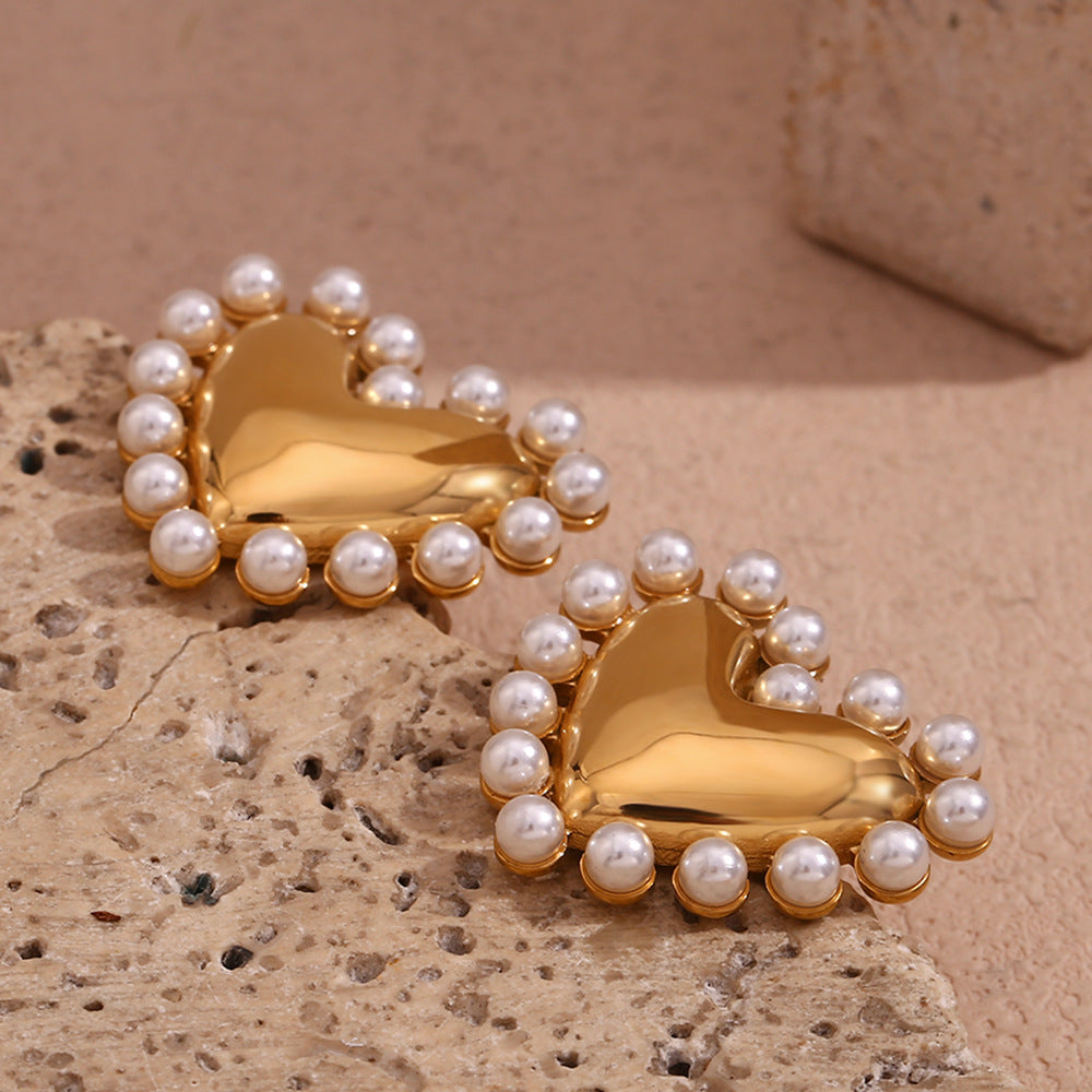 18K Gold-Plated Heart-Shaped Pearl-Embellished Stud Earrings