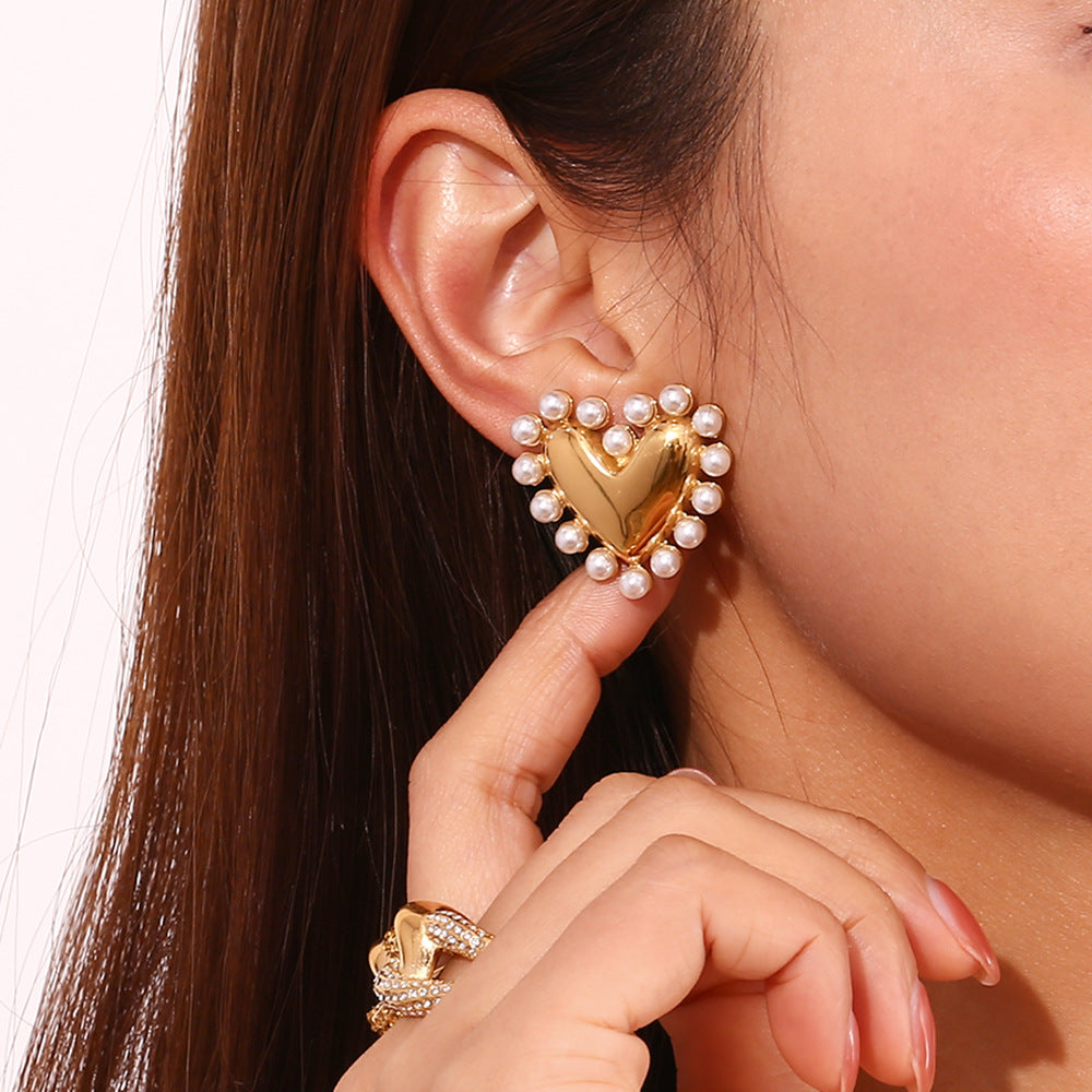 18K Gold-Plated Heart-Shaped Pearl-Embellished Stud Earrings