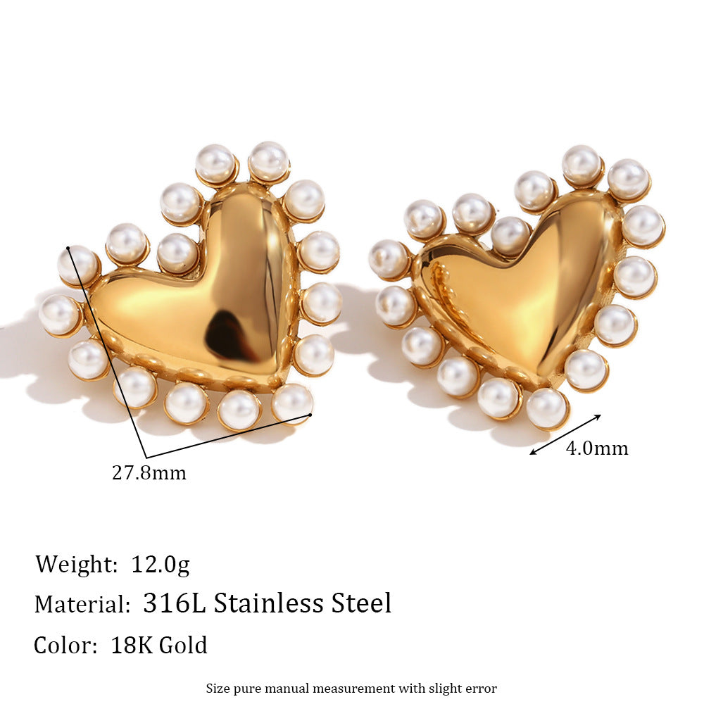 18K Gold-Plated Heart-Shaped Pearl-Embellished Stud Earrings