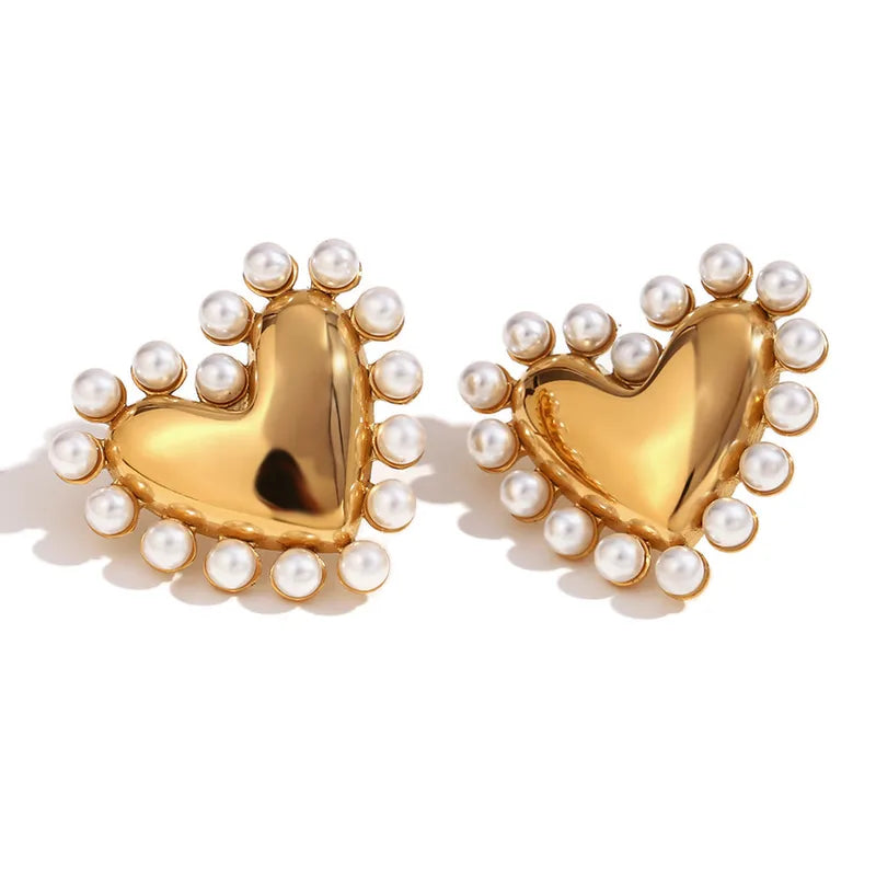 18K Gold-Plated Heart-Shaped Pearl-Embellished Stud Earrings