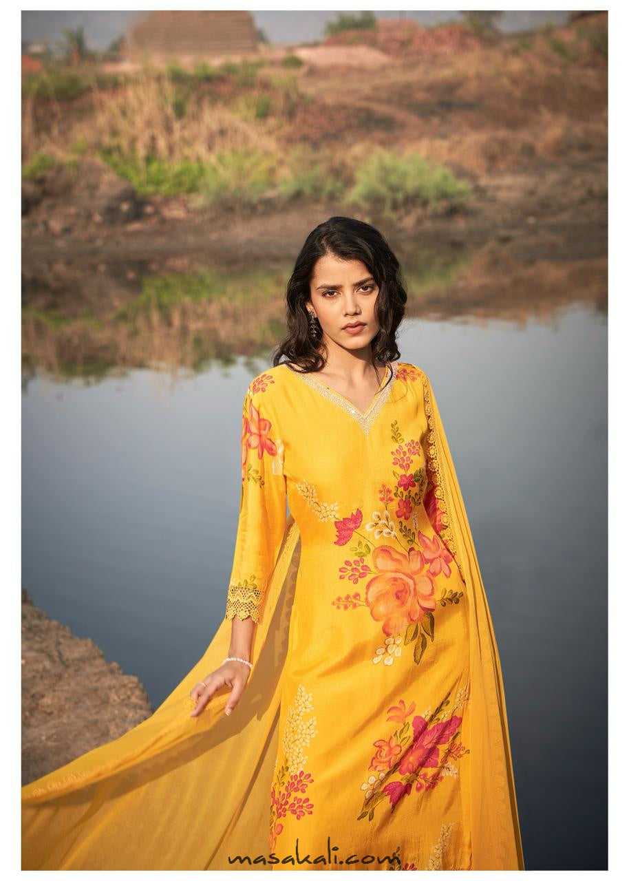 Masakali 3-Piece Set, Natural Silk, Handwork Pakistani Suit, Yellow