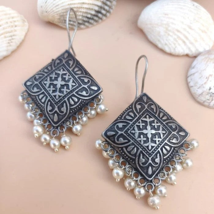 Masakali Beads-Studded Silver-Toned Drop Earrings
