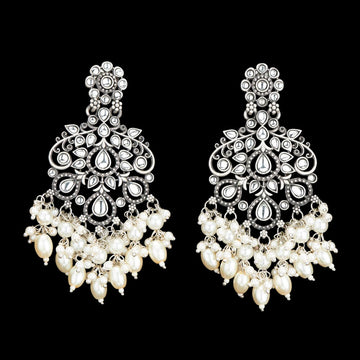Masakali Black-Plated Kundan Studded White Pearl Beaded Dangler Earrings