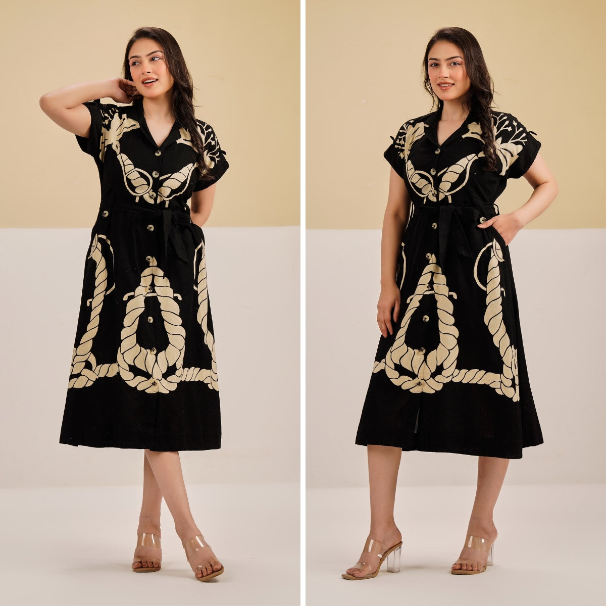 Masakali Black Printed Flared Fit Midi Dress