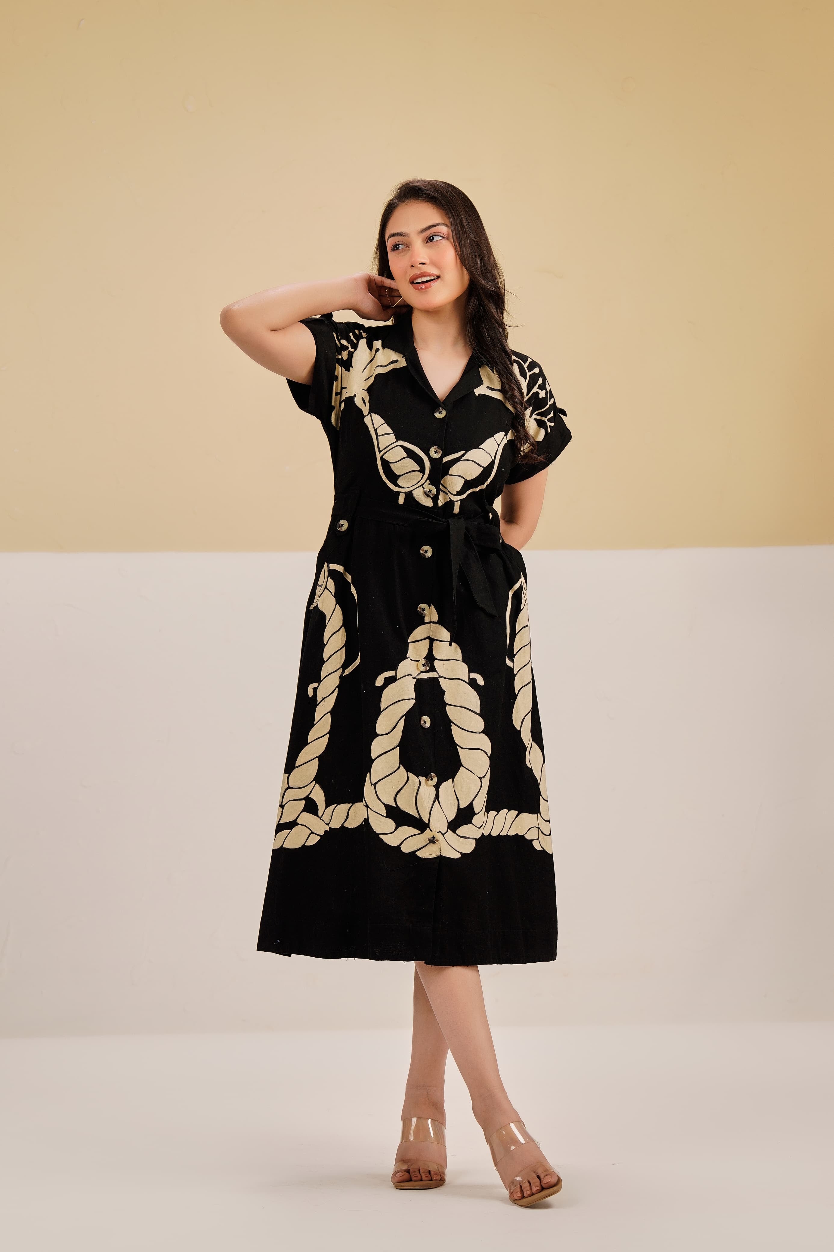 Masakali Black Printed Flared Fit Midi Dress