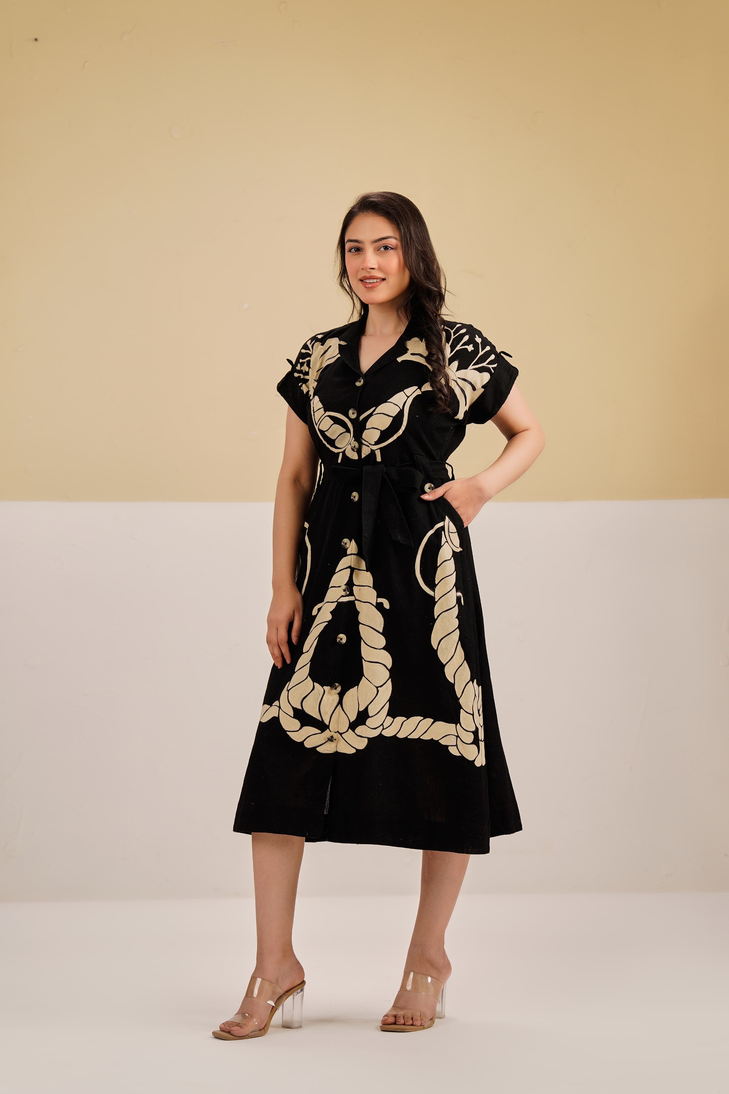 Masakali Black Printed Flared Fit Midi Dress