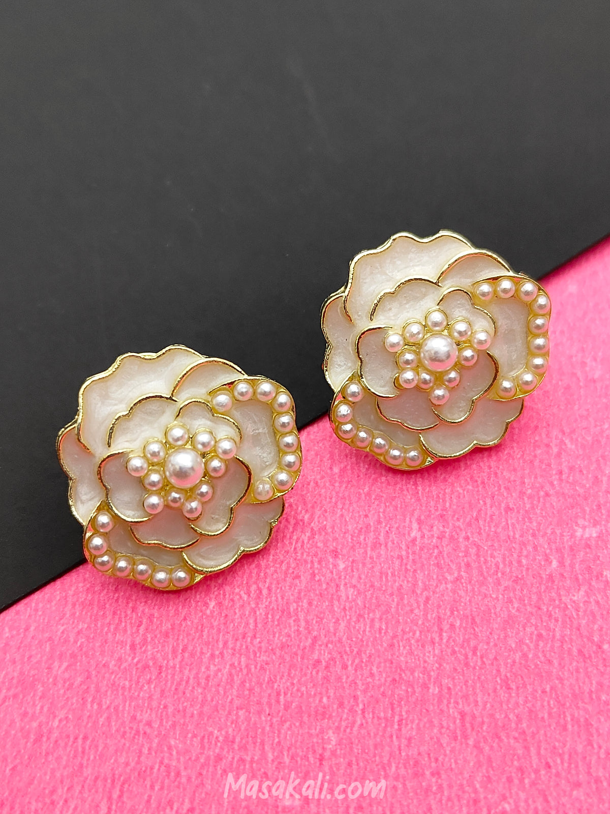 Masakali Camellia Flower Earrings Pearl Cream White Studs Korean Golden Enameled Ear Jewelry For Women