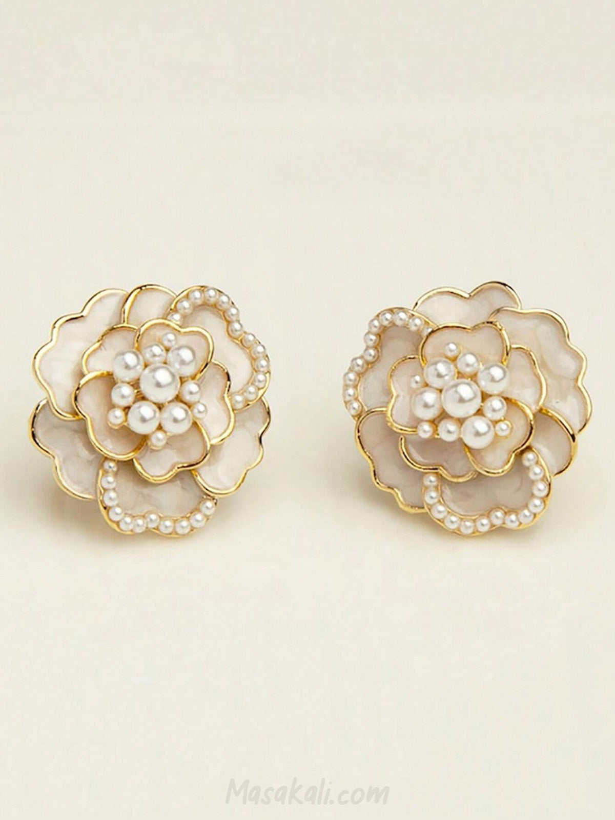 Masakali Camellia Flower Earrings Pearl Cream White Studs Korean Golden Enameled Earrings For Women
