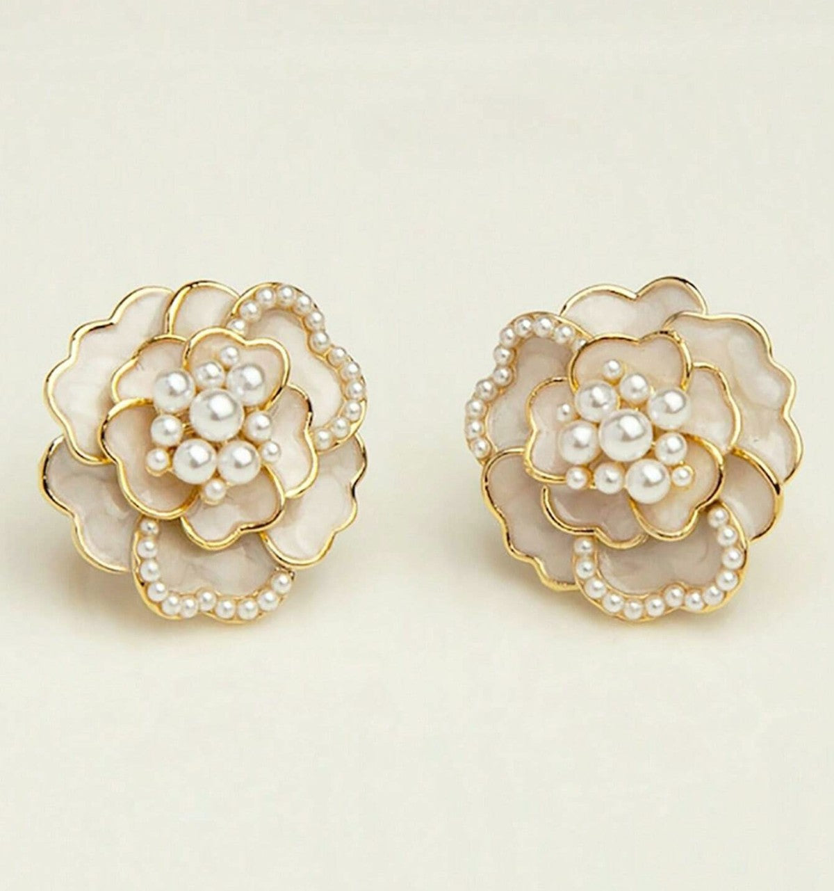 Camellia Flower Earrings Pearl Cream White Studs Korean Golden Enameled Ear Jewelry For Women (MMIN1005)