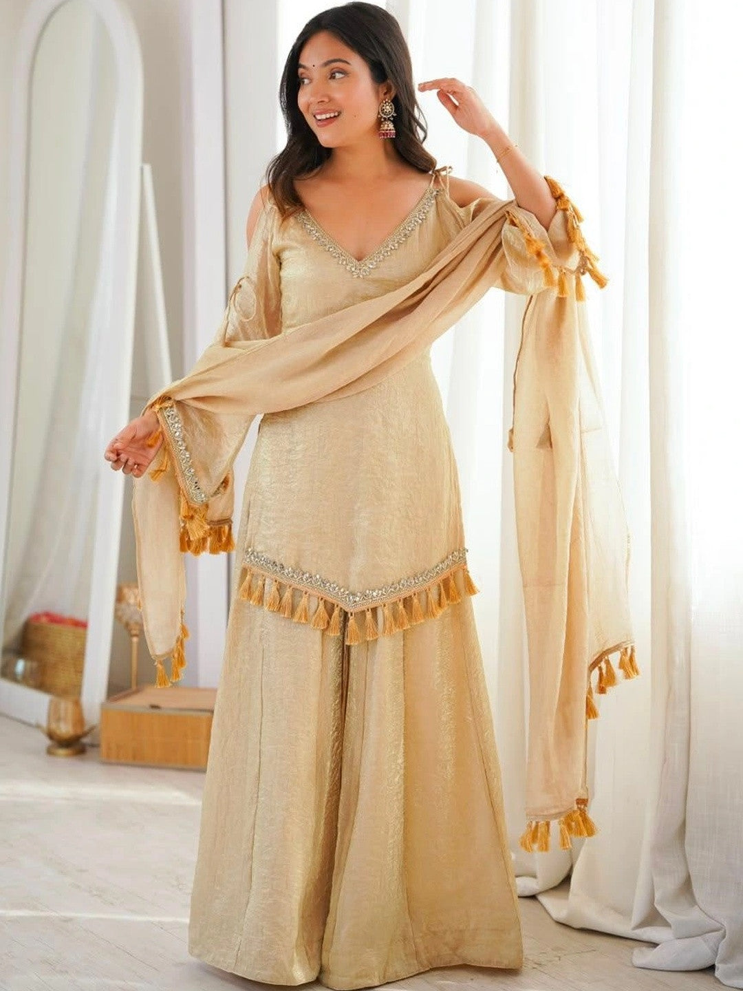 Masakali Cream-Coloured Gotta Patti Design Kurta With Sharara & Dupatta