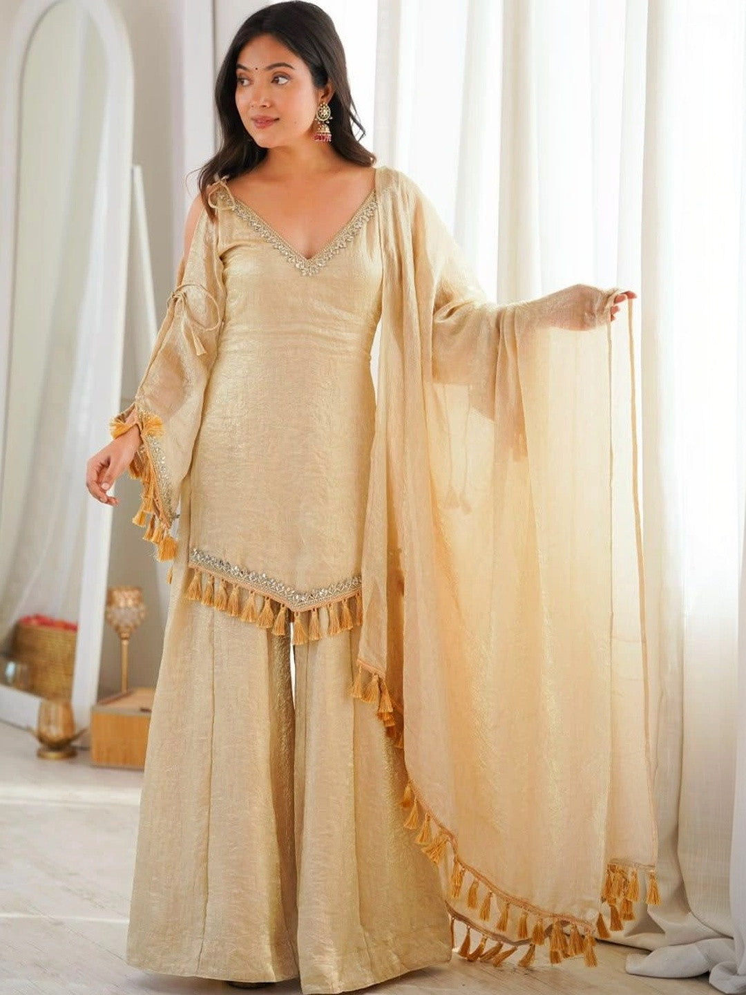 Masakali Cream-Coloured Gotta Patti Design Kurta With Sharara & Dupatta