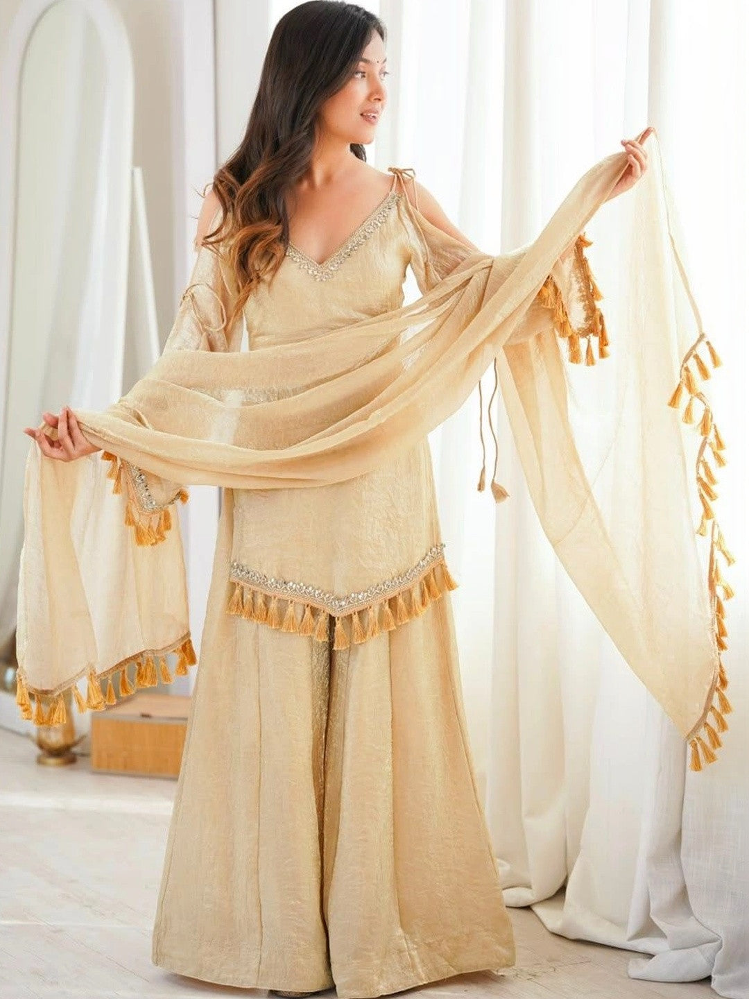 Masakali Cream-Coloured Gotta Patti Design Kurta With Sharara & Dupatta