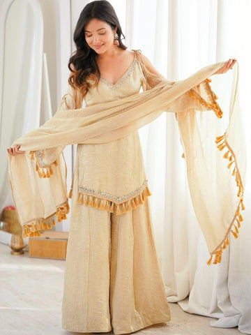 Masakali Cream-Coloured Gotta Patti Design Kurta With Sharara & Dupatta