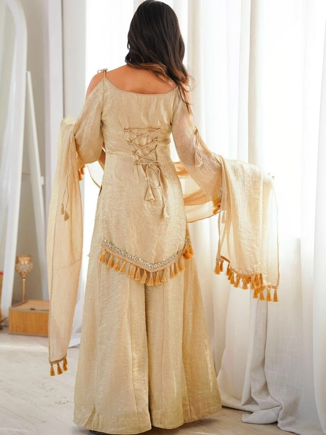 Masakali Cream-Coloured Gotta Patti Design Kurta With Sharara & Dupatta