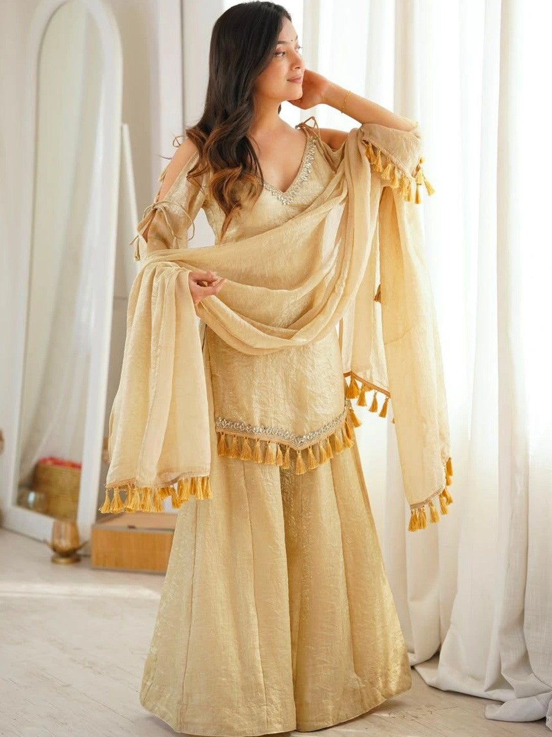 Masakali Cream-Coloured Gotta Patti Design Kurta With Sharara & Dupatta
