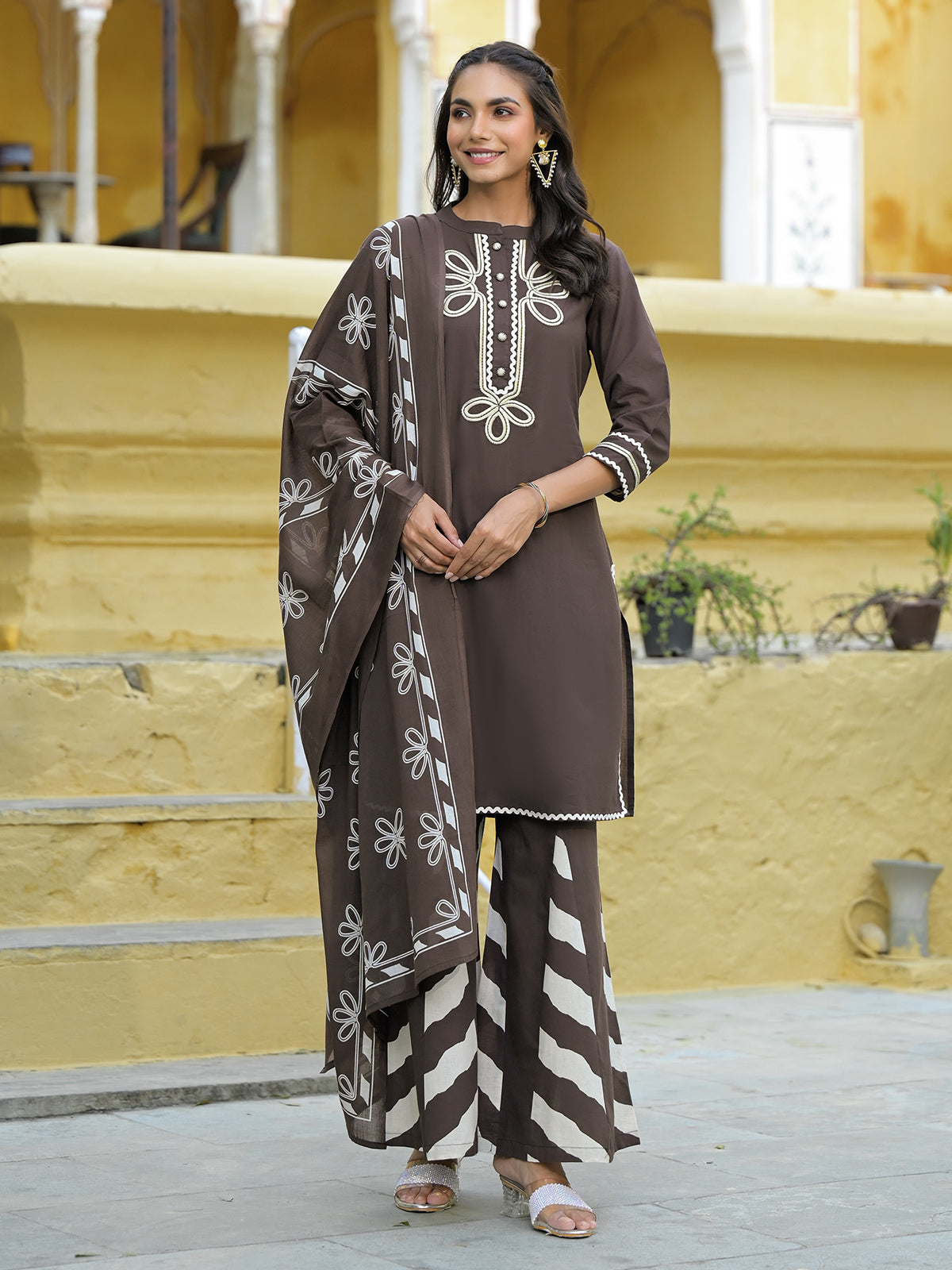 Masakali Dark Grey Cotton Kurta Set With Palazzo & Dupatta